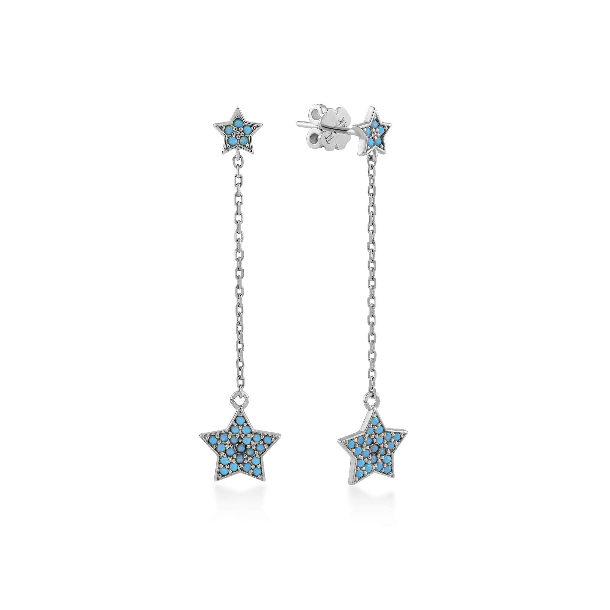 Yıldız Zincir Sallantılı Taşlı Altın Küpe / 14 Ayar Beyaz Altın