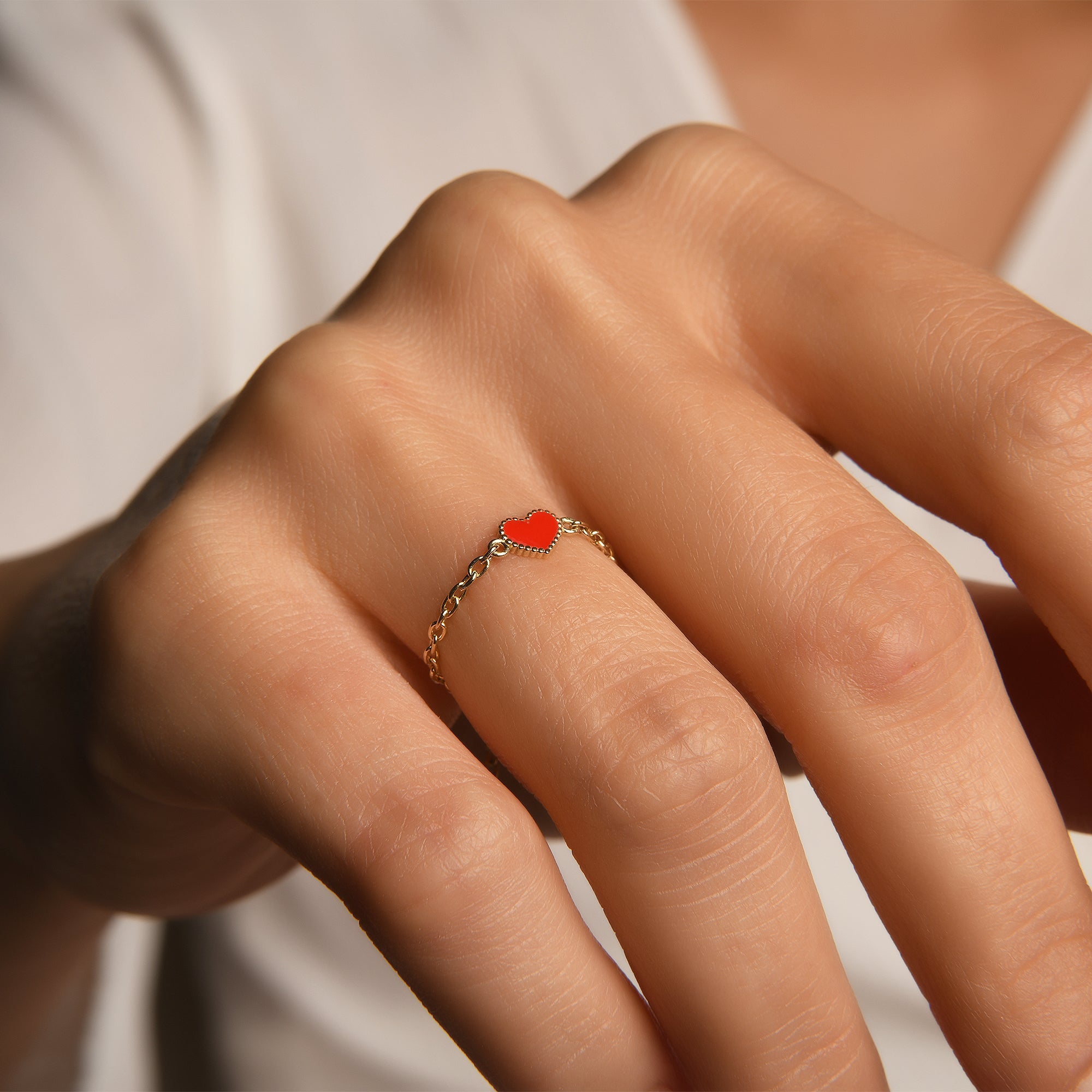 Cherry Mineli Kalp Ayarlanabilir Zincirli Altın Yüzük / 14 Ayar Sarı Altın