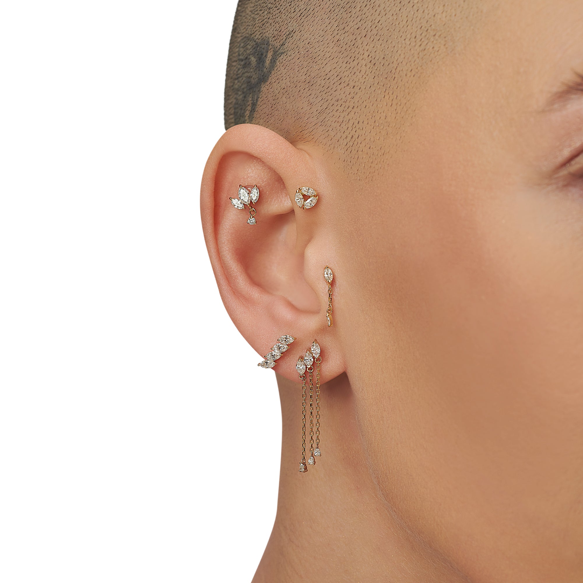 3 Taş Markiz Pırlanta Sallantılı Piercing / 14 Ayar Sarı Altın