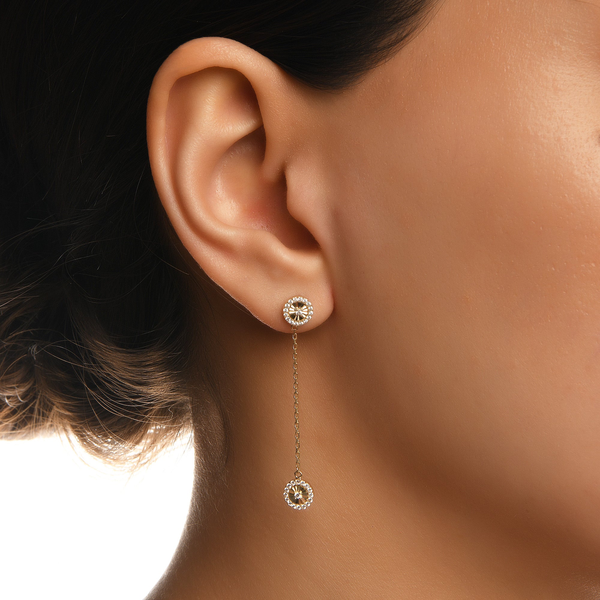 Flamenko Zincir Sallantılı Taşlı Tek Altın Küpe / 14 Ayar Sarı Altın