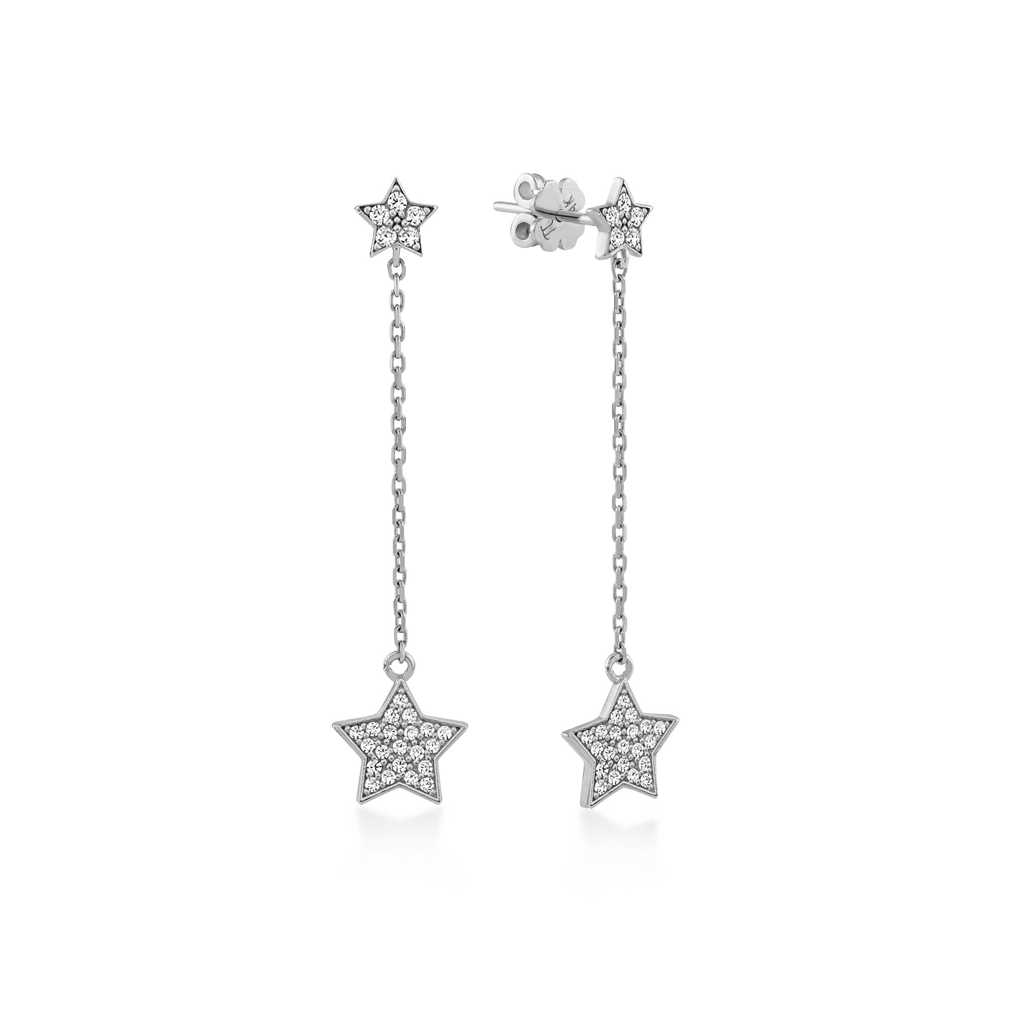 Yıldız Zincir Sallantılı Taşlı Altın Küpe / 14 Ayar Beyaz Altın