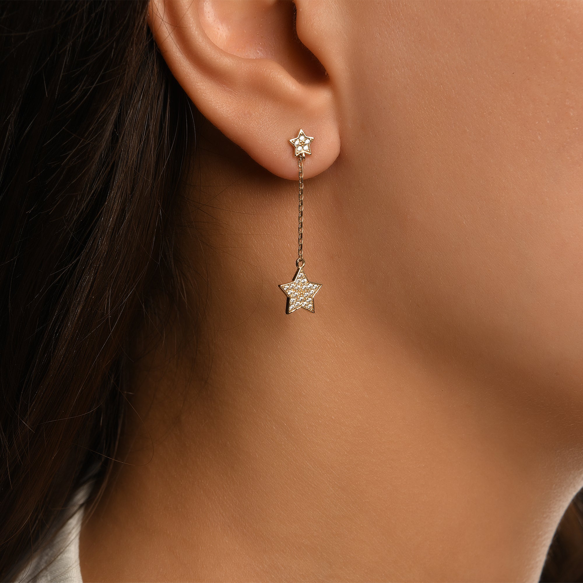 Yıldız Zincir Sallantılı Taşlı Altın Küpe / 14 Ayar Sarı Altın