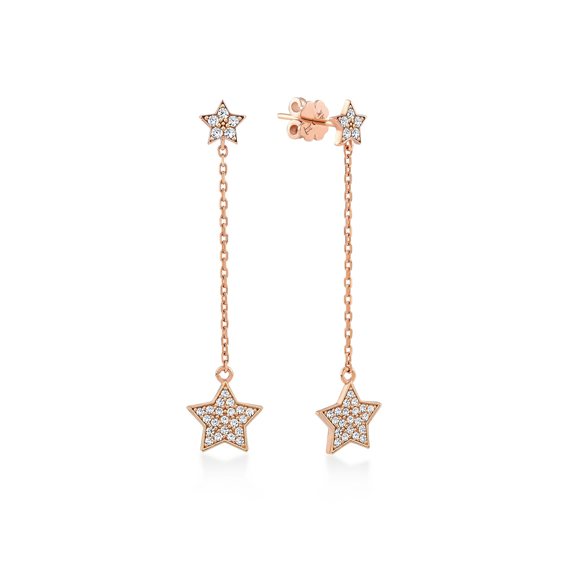 Yıldız Zincir Sallantılı Taşlı Altın Küpe / 14 Ayar Rose Altın