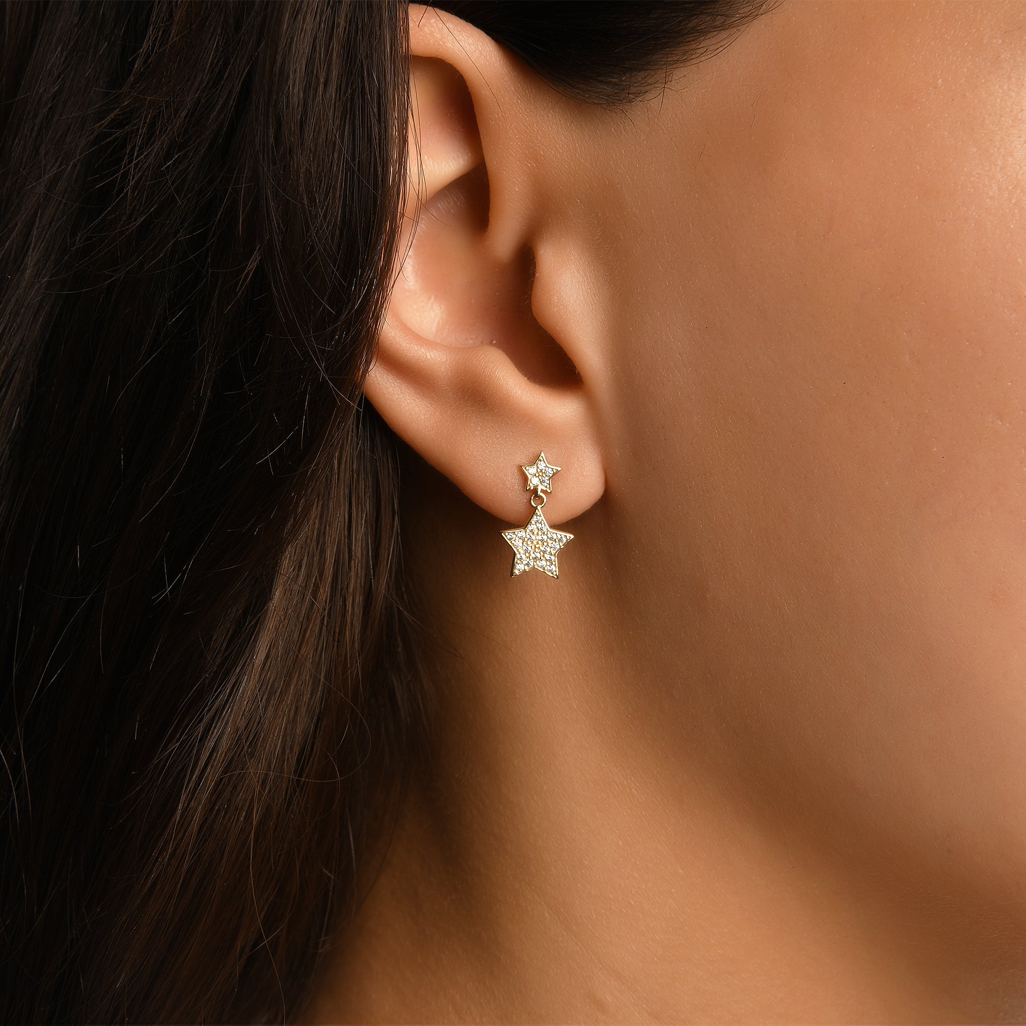 İkili Yıldız Sallantılı Taşlı Altın Küpe / 14 Ayar Sarı Altın