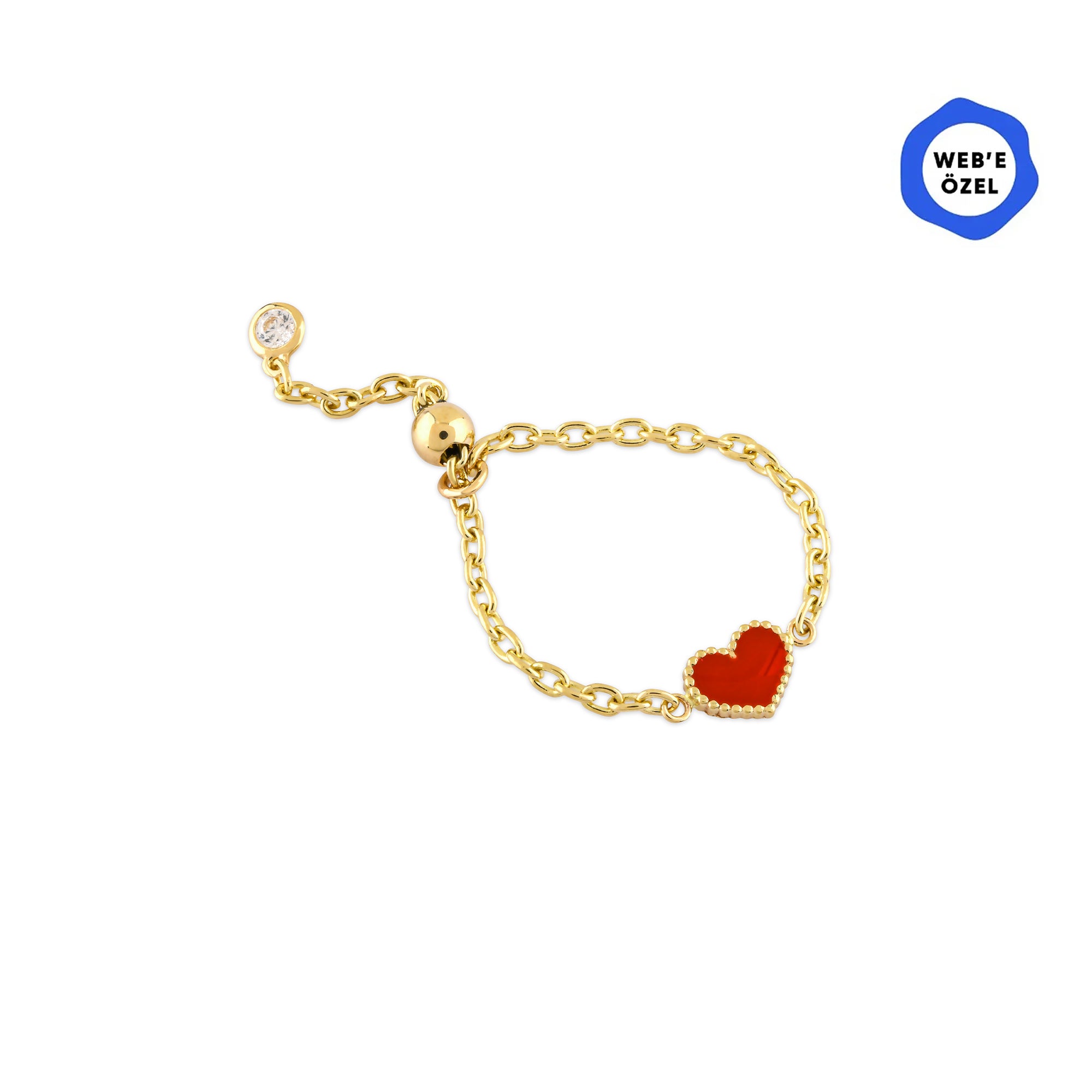 Cherry Mineli Kalp Ayarlanabilir Zincirli Altın Yüzük / 14 Ayar Sarı Altın