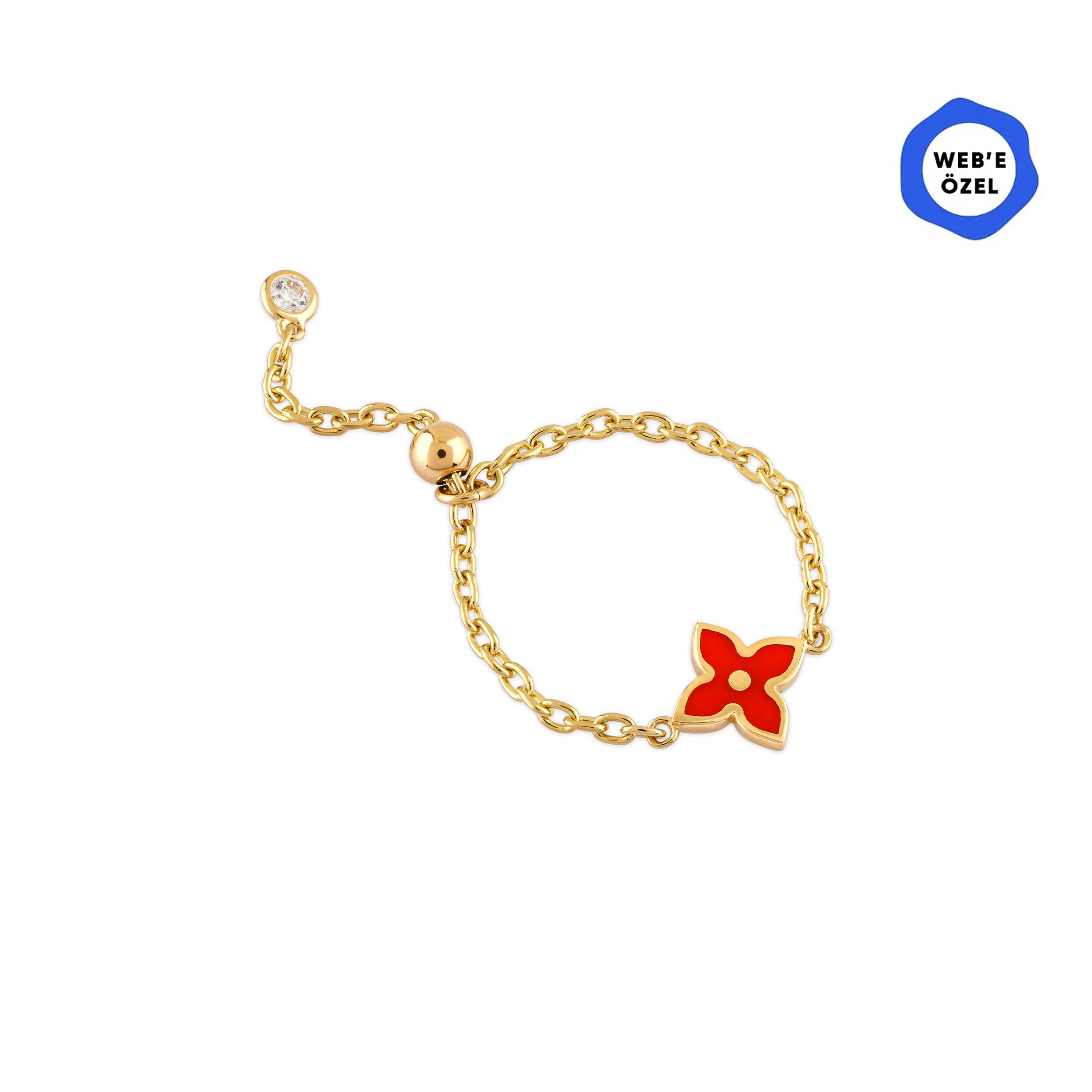 Cherry Mineli Çiçek Ayarlanabilir Zincirli Altın Yüzük / 14 Ayar Sarı Altın