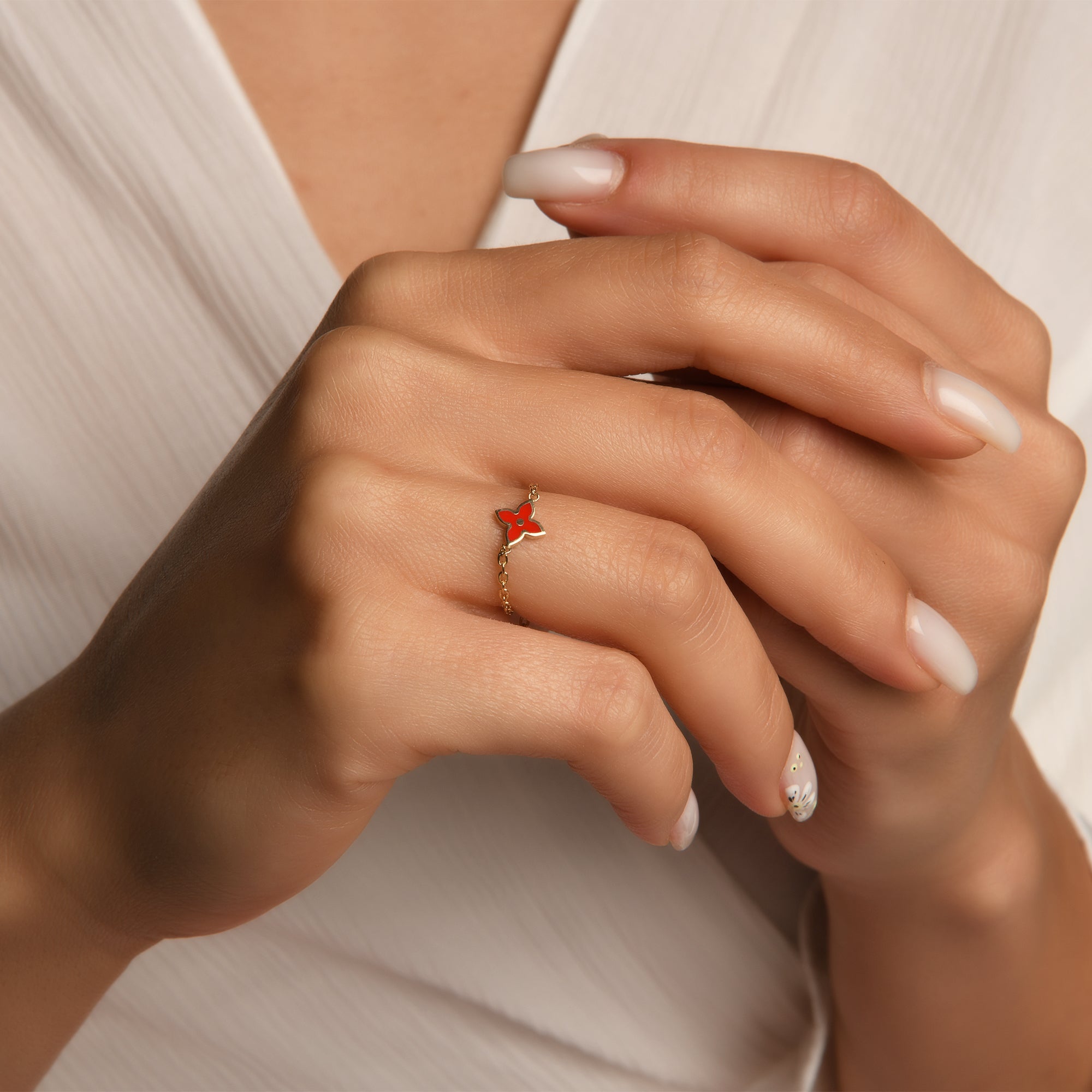 Cherry Mineli Çiçek Ayarlanabilir Zincirli Altın Yüzük (Çift Taraflı Kullanım) / 14 Ayar Sarı Altın