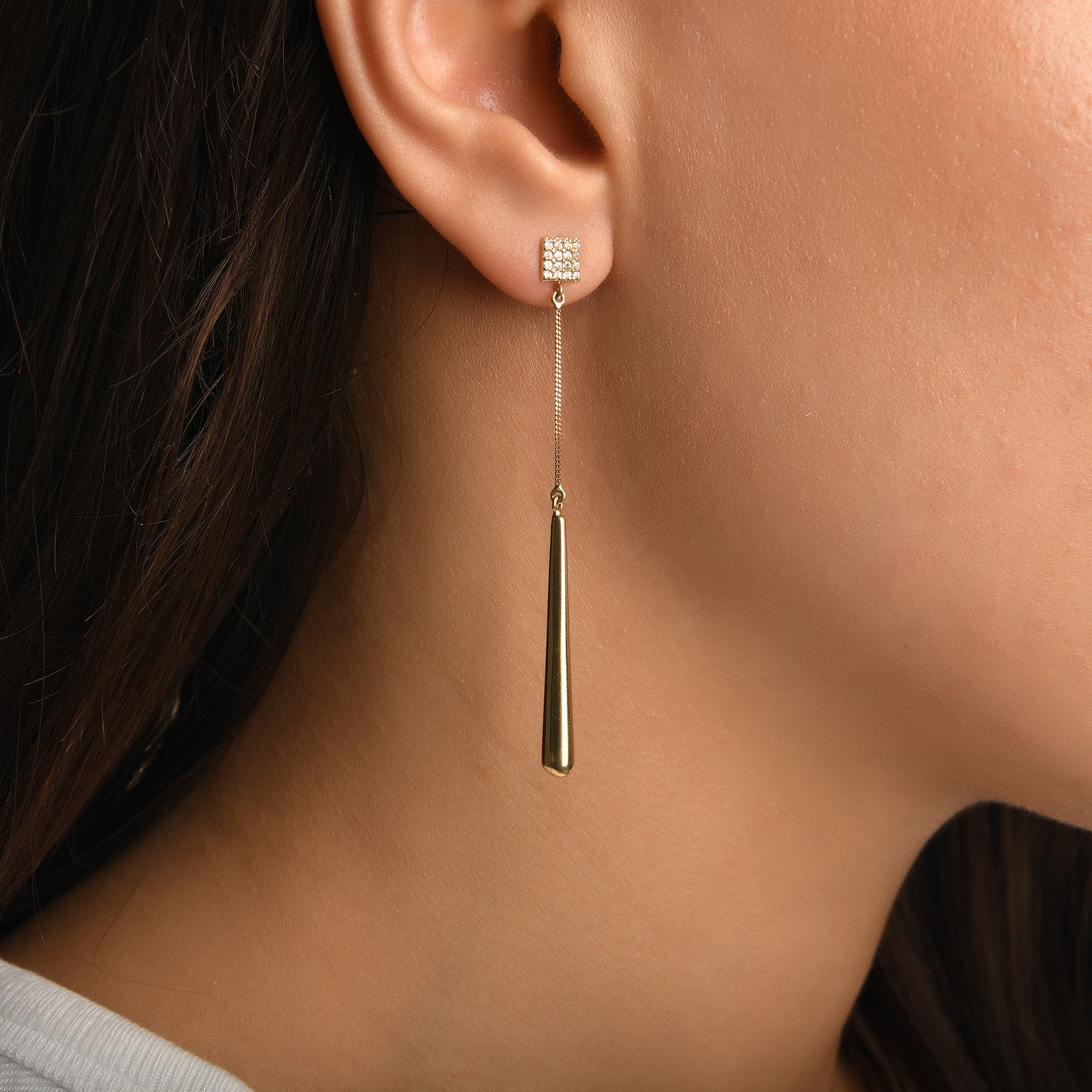 Taşlı Zincir Sallantılı Sarkıt Damla Form Altın Küpe / 14 Ayar Sarı Altın