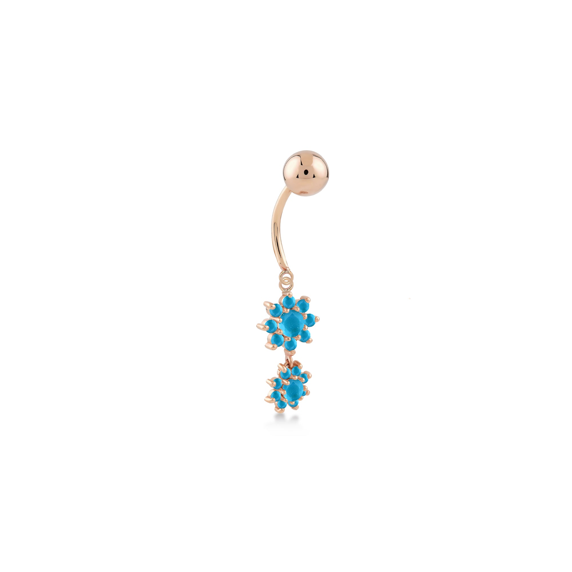 Çiçek Form Turkuaz Taşlı Göbek Piercing / 14 Ayar Rose Altın