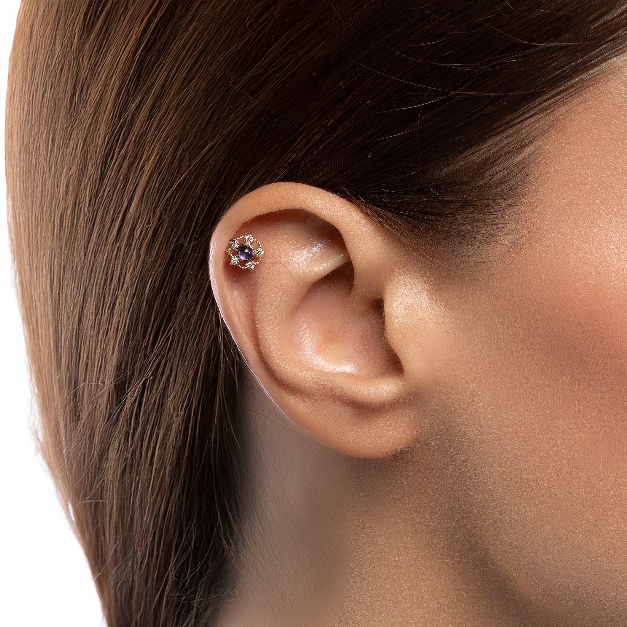 Turmalin Taş Detaylı Beş Köşe Pırlanta Piercing / 14 ayar rose altın