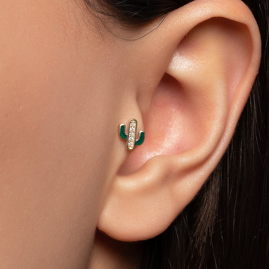 0.03 ct Mineli Western Kaktüs Pırlanta Piercing / 14 Ayar Sarı Altın