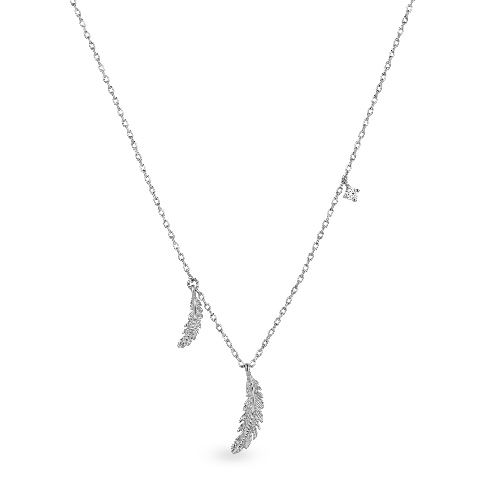 Çift Tüylü Taşlı Altın Kolye / 14 Ayar Beyaz Altın