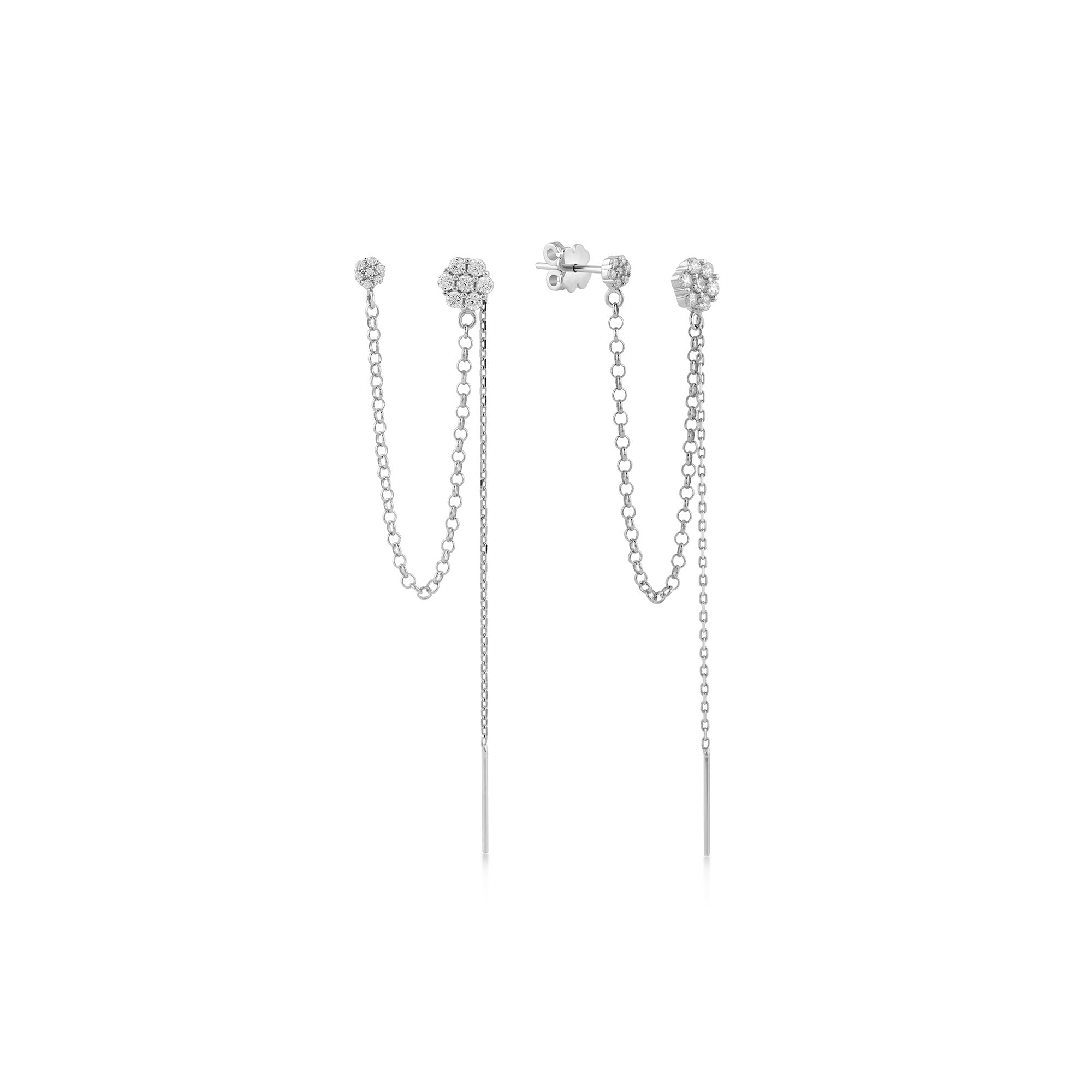 Çiçek Zincir Sallantılı Taşlı Tek Altın Küpe / 14 Ayar Beyaz Altın