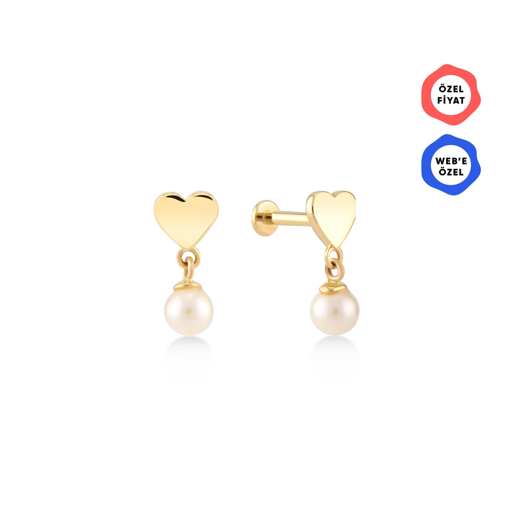 Gold Tragus Piercing with Heart Swinging Pearl