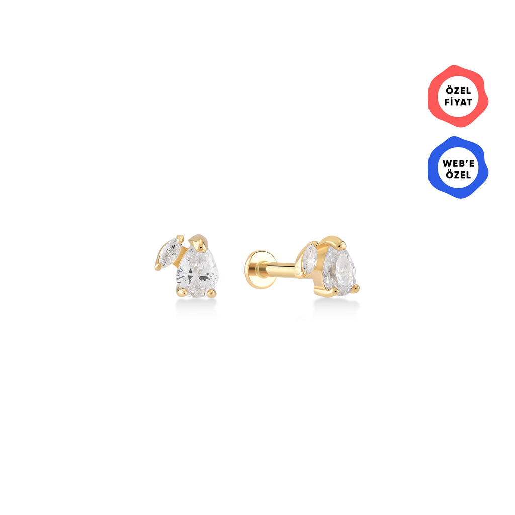 Gold Tragus Piercing with Drop and Mini Marquise Stone
