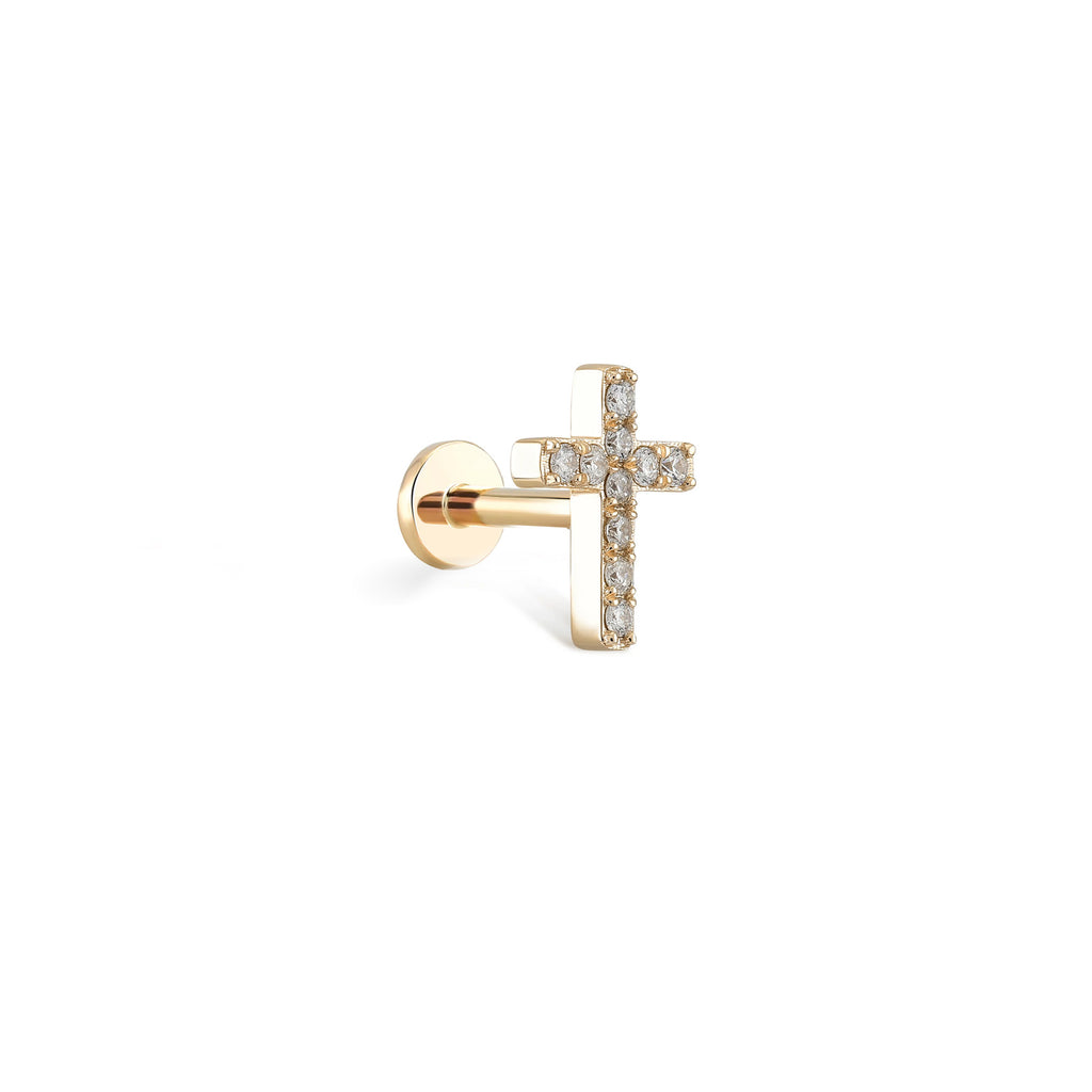 Cross Pırlanta Piercing / 14 Ayar Sarı Altın