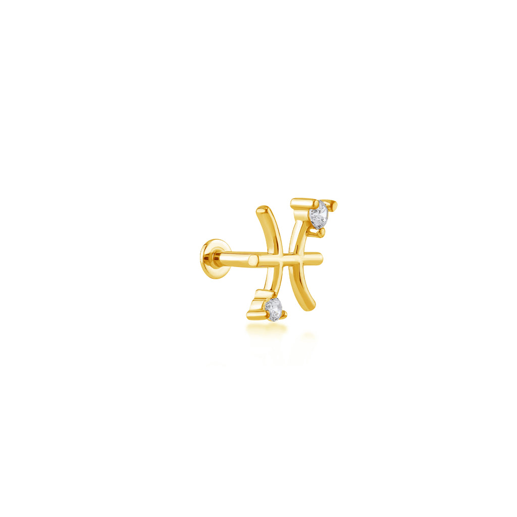 Pisces Balık Burcu Taşlı Altın Piercing / 14 Ayar Sarı Altın