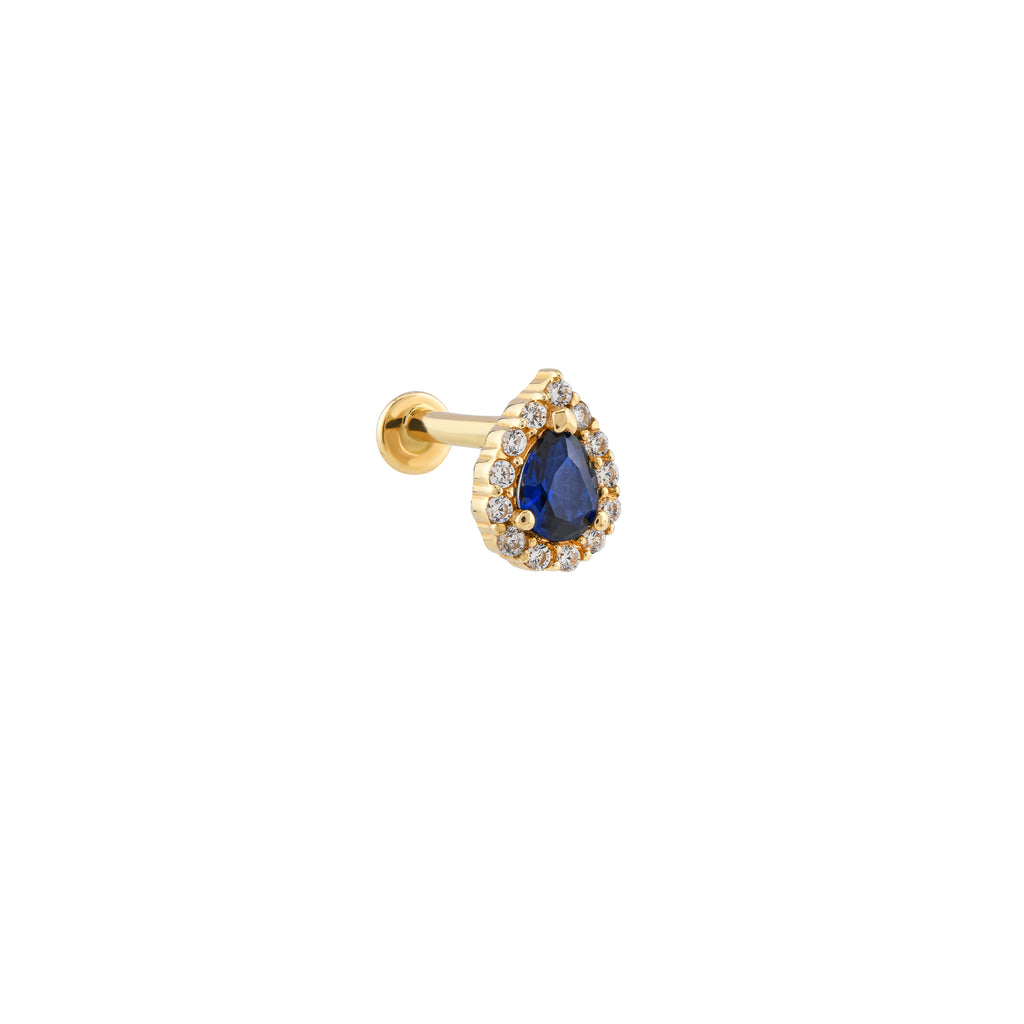Mavi Taşlı Damla Altın Piercing / 14 Ayar Sarı Altın