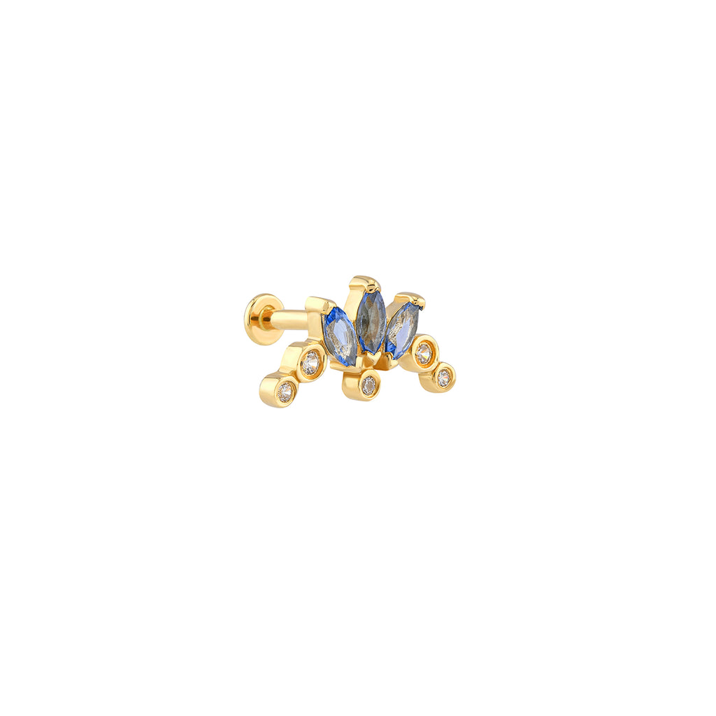 Tria Markiz Form Mavi Taşlı Altın Tragus Piercing / 14 Ayar Sarı Altın