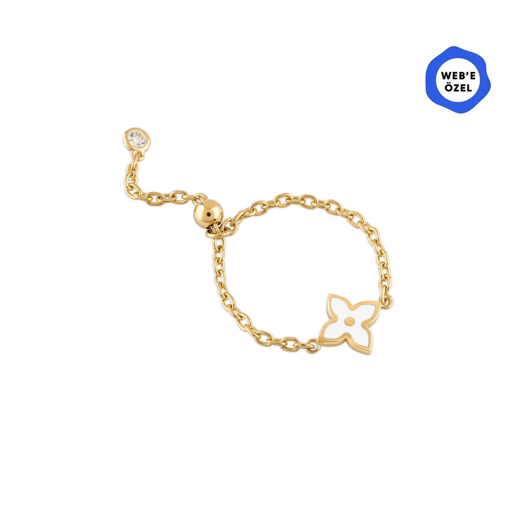 Cherry Mineli Çiçek Ayarlanabilir Zincirli Altın Yüzük (Çift Taraflı Kullanım) / 14 Ayar Sarı Altın