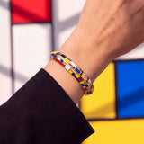 Composition Art Domed Enamel Stone-Set Gold Bangle Bracelet