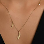 Çift Tüylü Taşlı Altın Kolye / 14 Ayar Sarı Altın