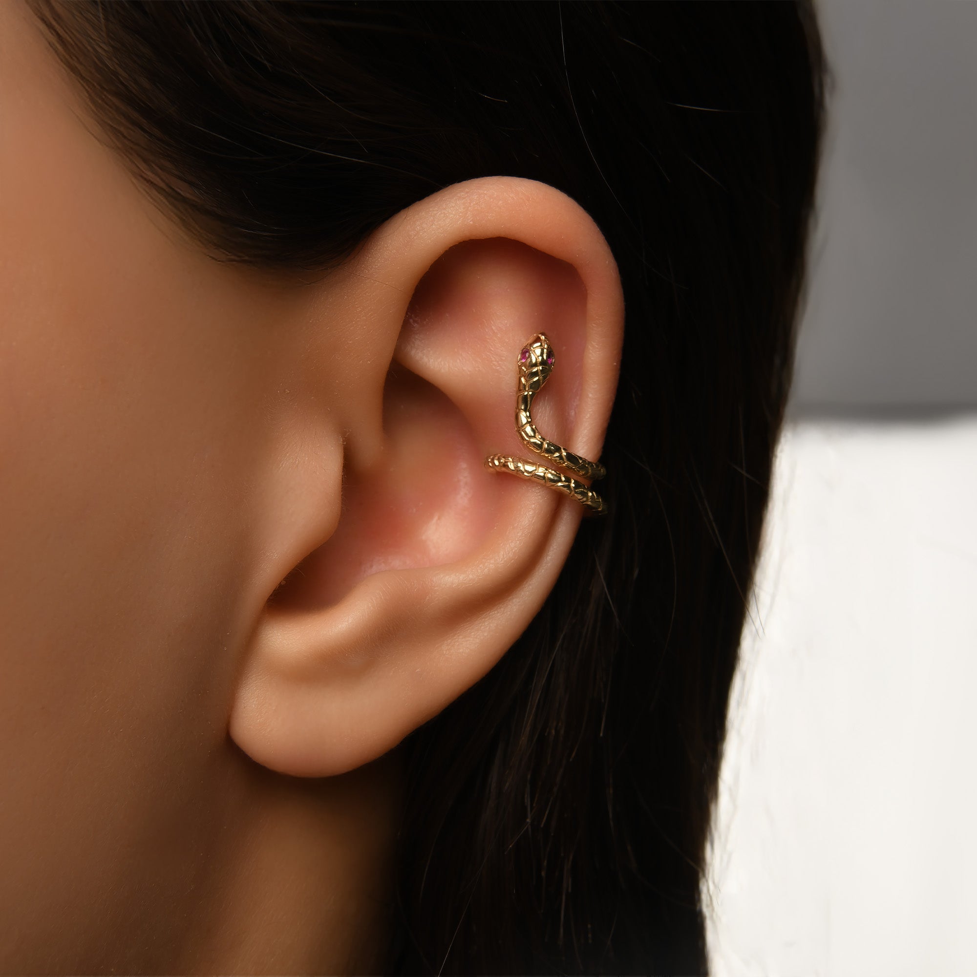 Sarmal Taşlı Yılan Altın Earcuff (Sol Kulak) - 14 Ayar Sarı Altın