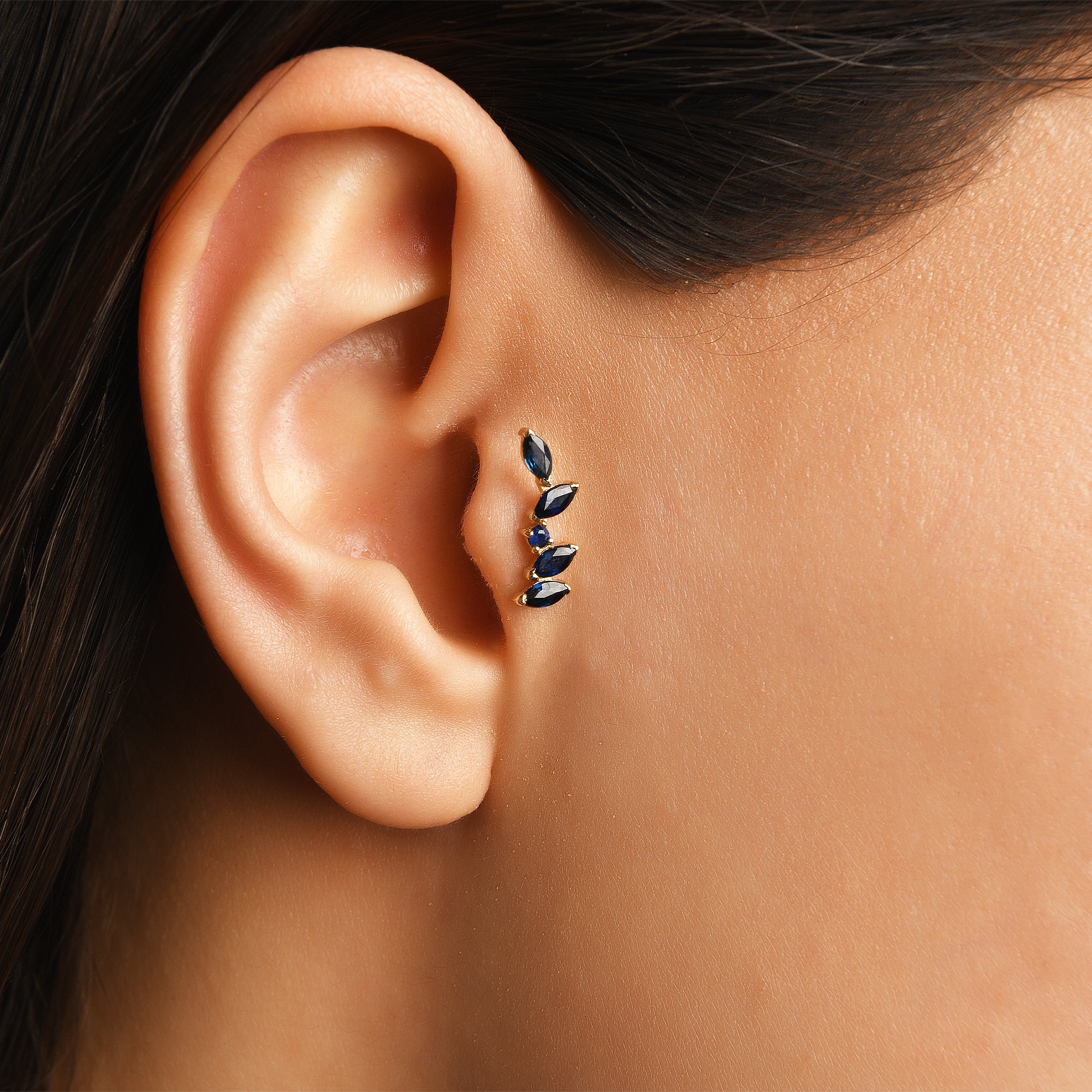 Asimetrik Markiz Form Mavi Taşlı Altın Piercing / 14 Ayar Sarı Altın