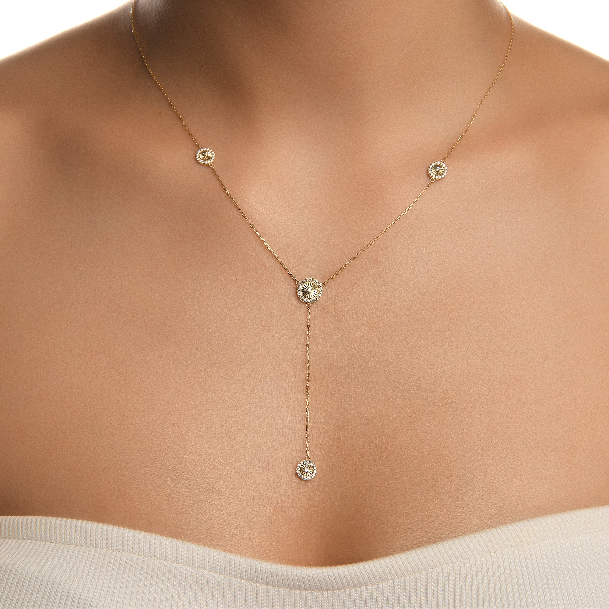 Flamenko Taşlı Sallantılı Y Model Altın Kolye / 14 Ayar Sarı Altın
