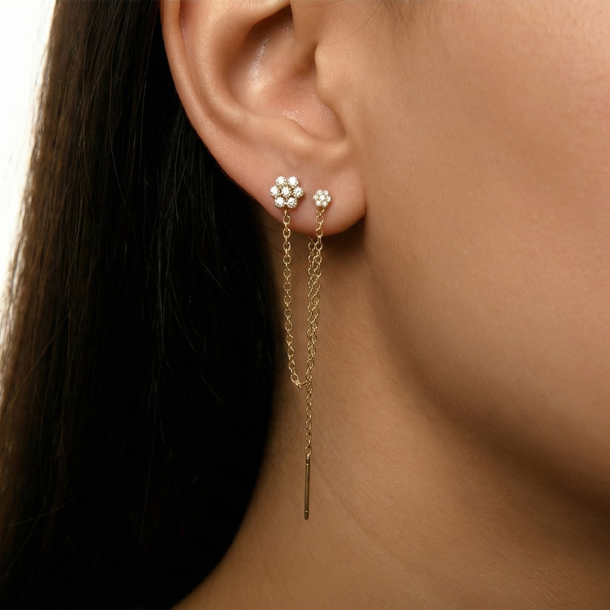 Çiçek Zincir Sallantılı Taşlı Tek Altın Küpe / 14 Ayar Sarı Altın