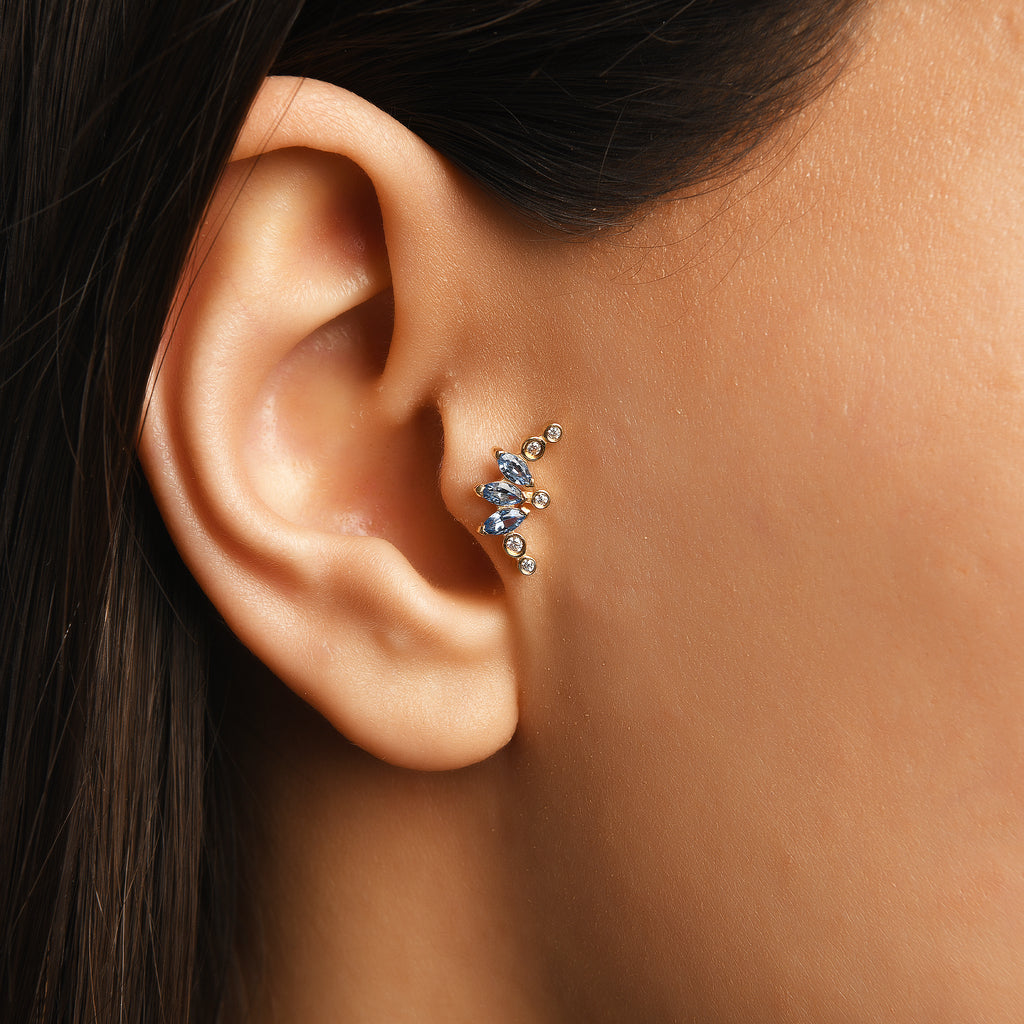 Tria Markiz Form Mavi Taşlı Altın Tragus Piercing / 14 Ayar Sarı Altın