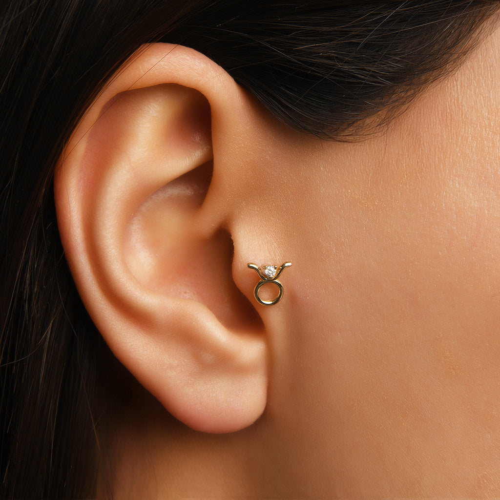 Taurus Boğa Burcu Taşlı Altın Piercing / 14 Ayar Sarı Altın