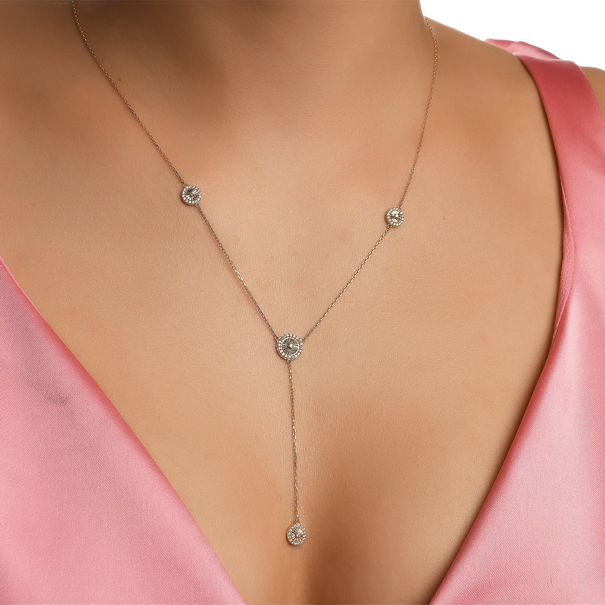 Flamenko Taşlı Sallantılı Y Model Altın Kolye / 14 Ayar Sarı Altın