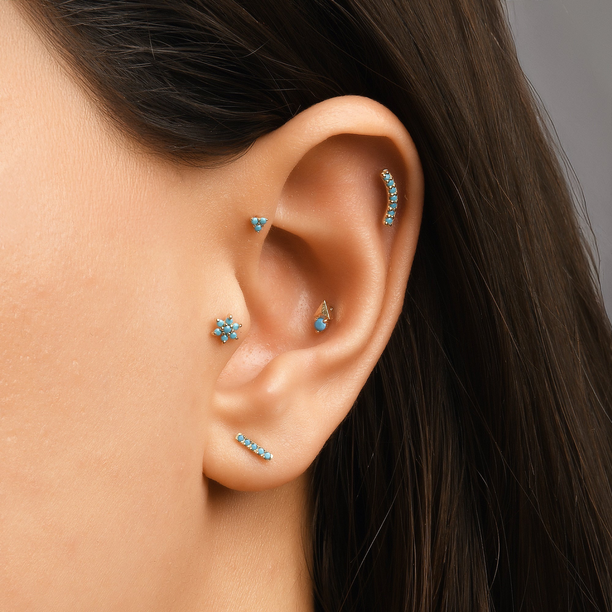 Gusto Turkuaz Taşlı Altın Tragus Çiçek Piercing / 14 Ayar Sarı Altın
