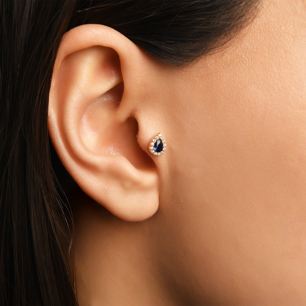 Mavi Taşlı Damla Altın Piercing / 14 Ayar Sarı Altın