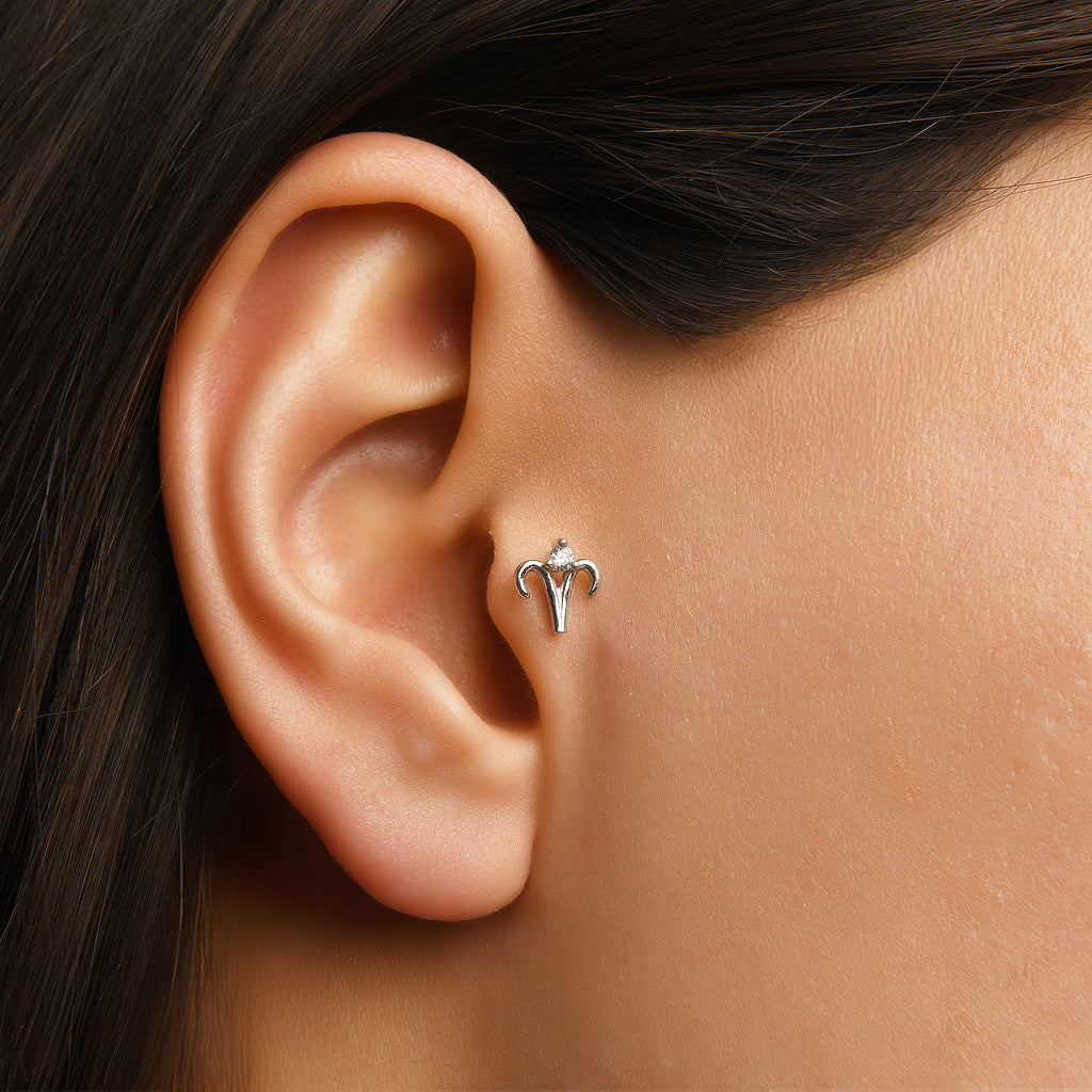 Aries Koç Burcu Taşlı Altın Piercing / 14 Ayar Sarı Altın