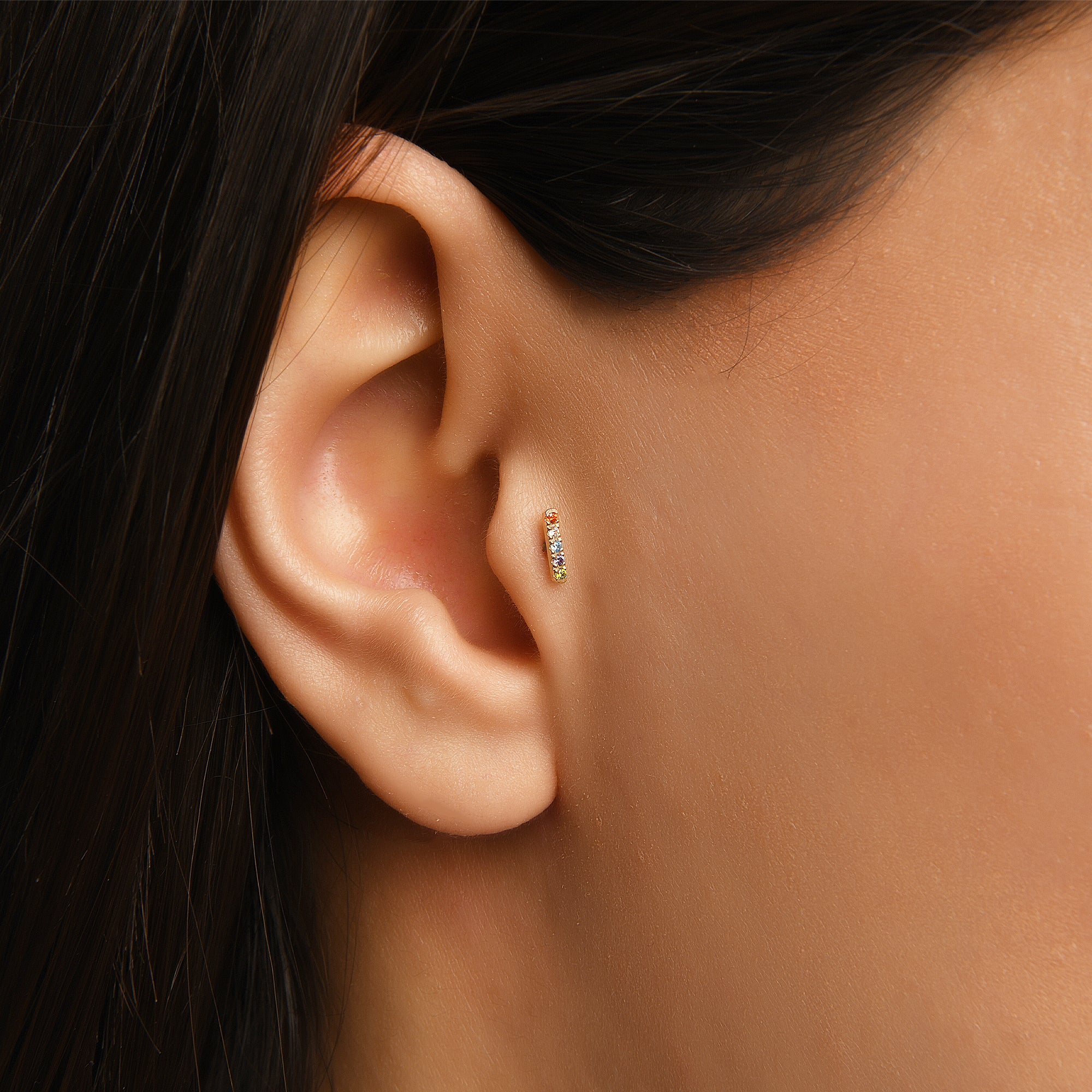 Gusto Renkli Taşlı Bar Altın Tragus Piercing / 14 Ayar Sarı Altın