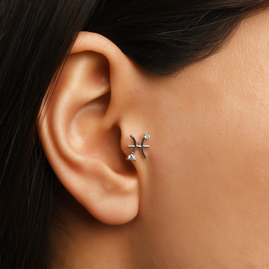 Pisces Balık Burcu Taşlı Altın Piercing / 14 Ayar Sarı Altın