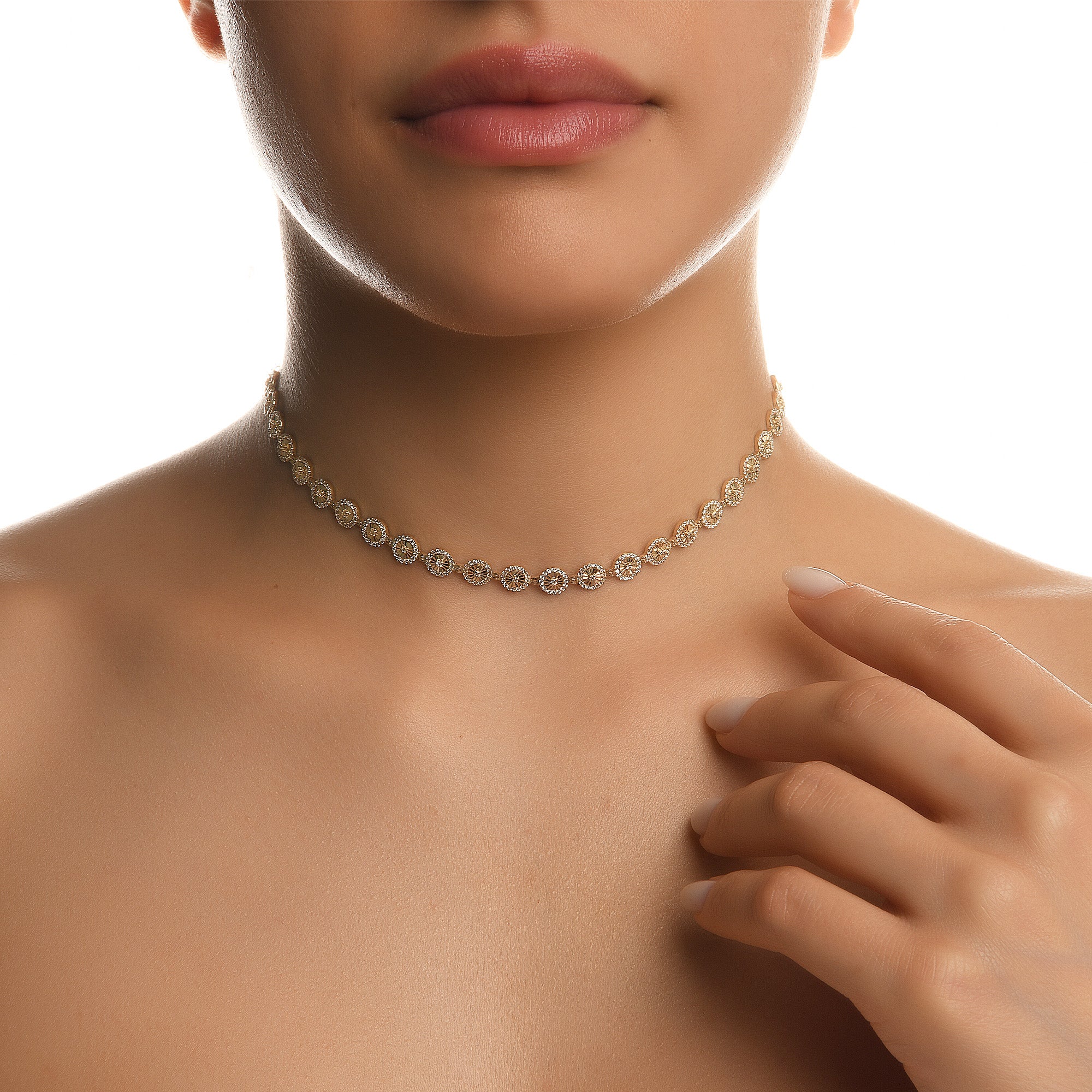 Flamenko Ardışık Sıralı Taşlı Altın Choker Kolye / 14 Ayar Sarı Altın