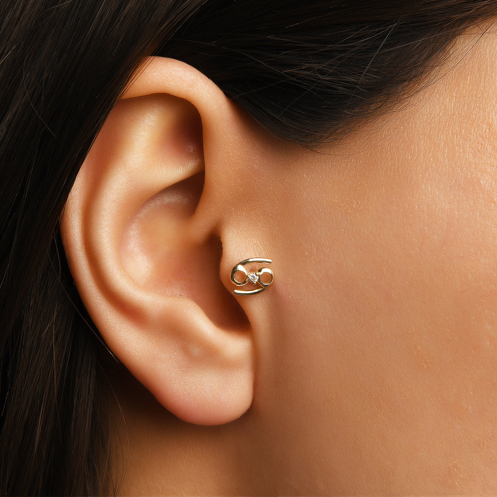 Cancer Yengeç Burcu Taşlı Altın Piercing / 14 Ayar Sarı Altın