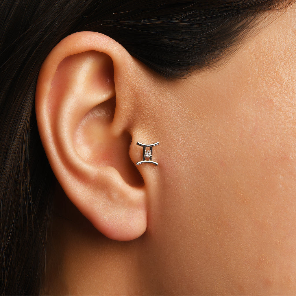 Gemini İkizler Burcu Taşlı Altın Piercing / 14 Ayar Sarı Altın