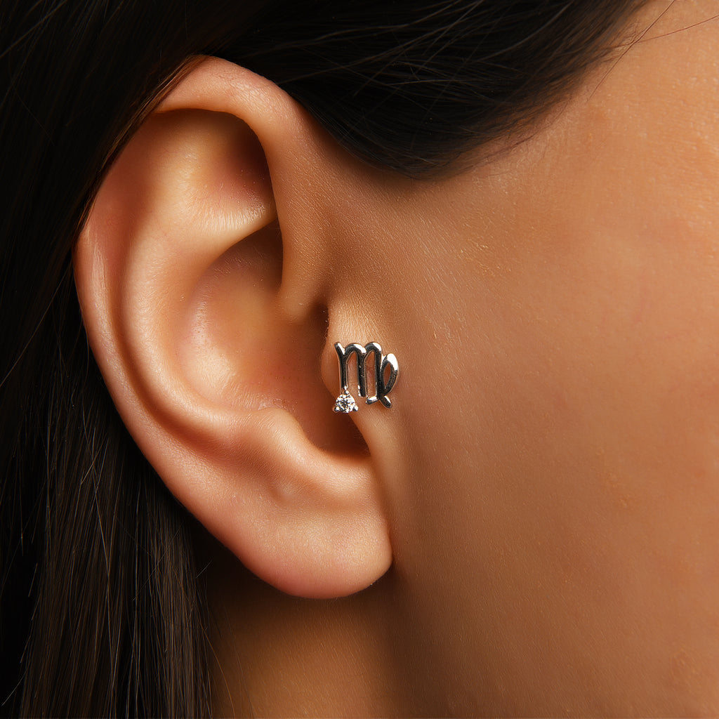 Virgo Başak Burcu Taşlı Altın Piercing / 14 Ayar Sarı Altın