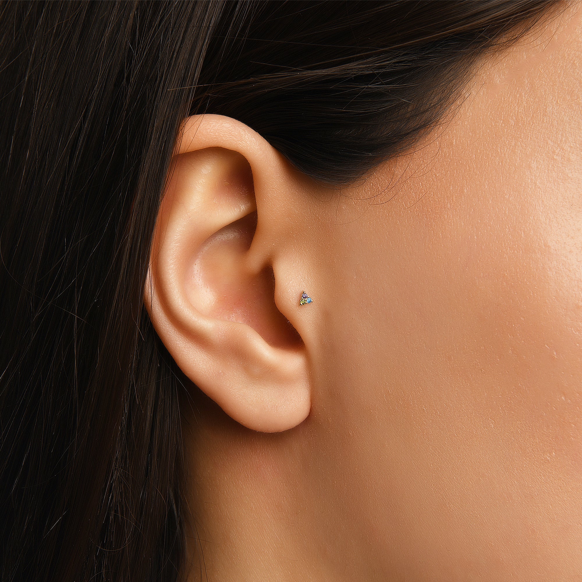 Gusto Triangle 3 Renkli Taşlı Altın Tragus Piercing / 14 Ayar Sarı Altın