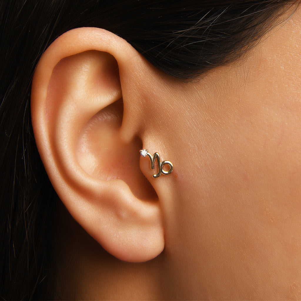 Capricorn Oğlak Burcu Taşlı Altın Piercing / 14 Ayar Sarı Altın