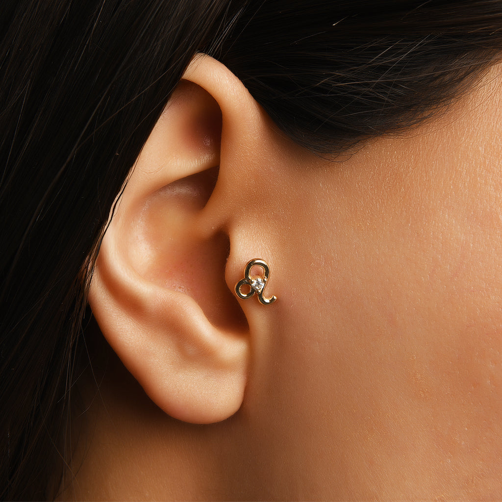 Leo Aslan Burcu Taşlı Altın Piercing / 14 Ayar Sarı Altın