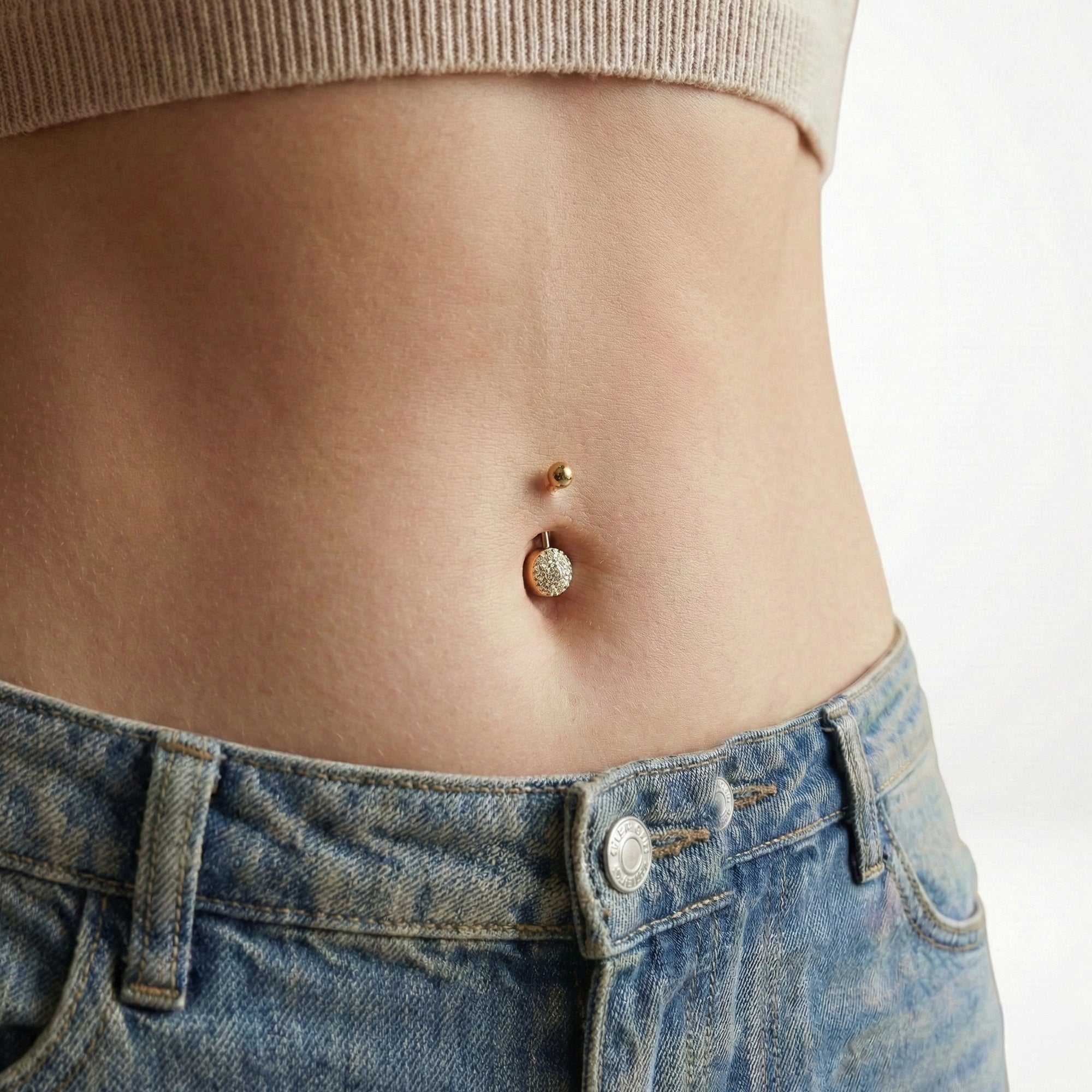 Taşlı Altın Göbek Piercing / 14 Ayar Sarı Altın