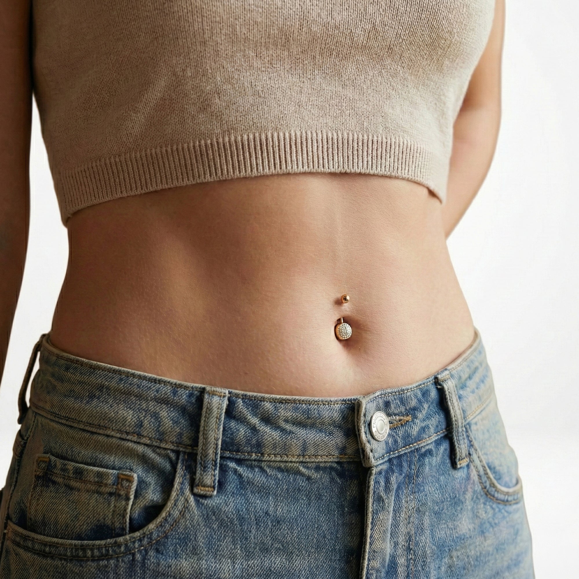 Taşlı Altın Göbek Piercing / 14 Ayar Sarı Altın