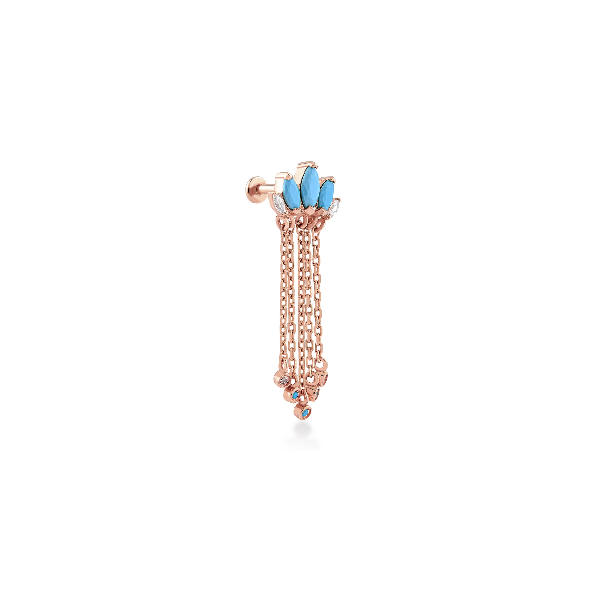 Arc Dikey Markiz Sallantılı Turkuaz ve Beyaz Taşlı Altın Piercing - 14 Ayar Rose Altın