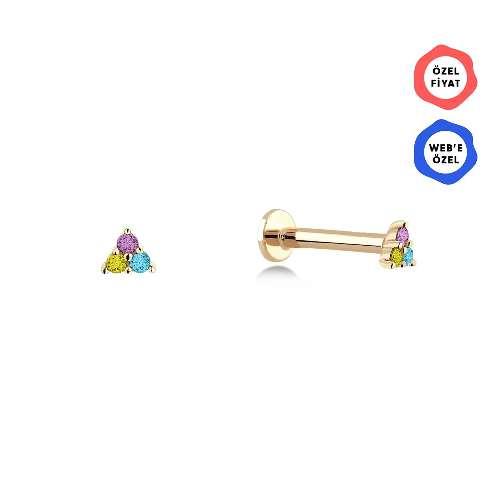 Gusto Triangle 3 Renkli Taşlı Altın Tragus Piercing / 14 Ayar Sarı Altın
