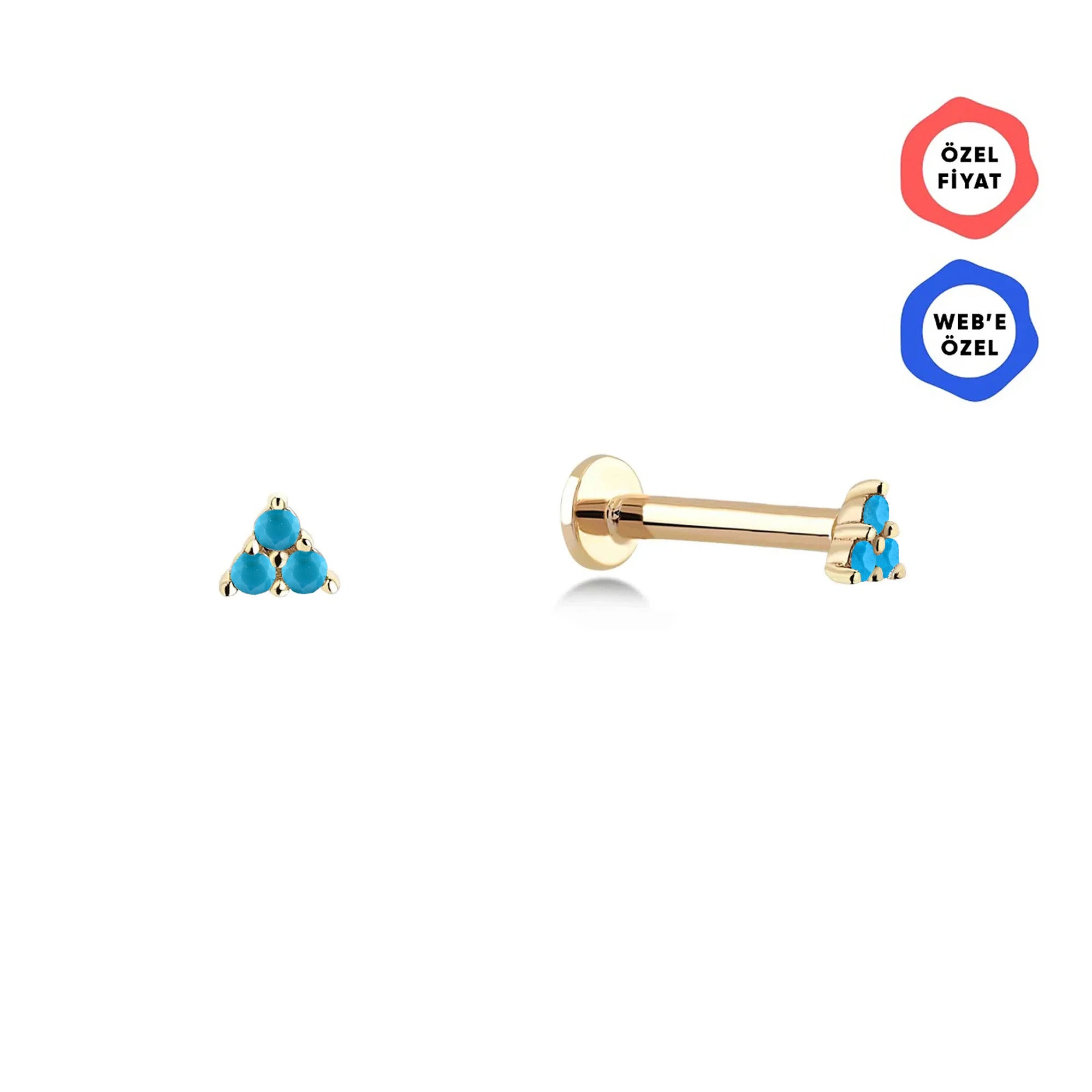 Gusto Triangle 3 Turkuaz Taşlı Altın Tragus Piercing / 14 Ayar Sarı Altın